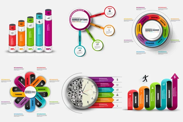 Conjunto de elementos infográficos modelo de design vetorial. Pode ser usado para layout de fluxo de trabalho, relatório, opções de número de negócios, linha do tempo, etapas ou processos, trabalho em equipe, diagrama de ciclo, gráfico, web design . — Vetor de Stock