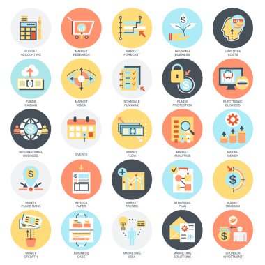 Piyasa ve Ekonomi, finansal hizmetler, para tasarrufu düz kavramsal simgeler kümesi. Web ve grafik tasarım kavramları. Mobil ve basılı medya. Beyaz arka plan üzerinde izole.