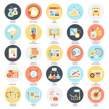 İş başlangıç, Pazar vizyonu, geliştirme ve misyonu düz kavramsal simgeler kümesi. Web ve grafik tasarım kavramları. Mobil ve basılı medya. Beyaz arka plan üzerinde izole.