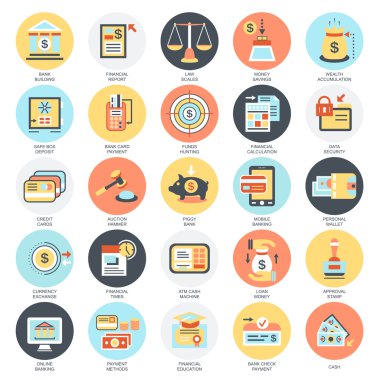 Ekonomi, bankacılık ve Finans Hizmetleri, para tasarrufu düz kavramsal simgeler kümesi. Web ve grafik tasarım kavramları. Mobil ve basılı medya. Beyaz arka plan üzerinde izole.