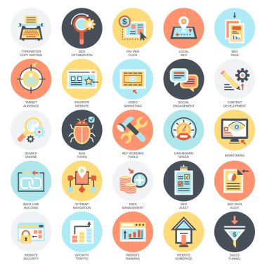 Arama motoru optimizasyonu araçları büyüme trafik, web seo için düz kavramsal simgeler kümesi. Web ve grafik tasarım kavramları. Mobil ve basılı medya. Beyaz arka plan üzerinde izole.