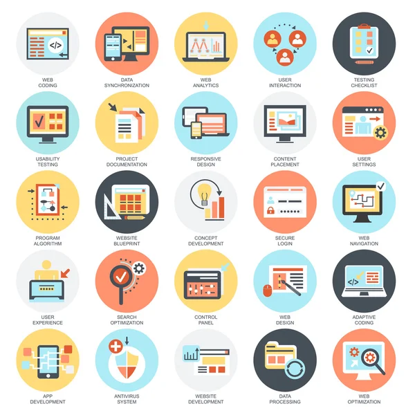 Icônes conceptuelles plates ensemble de conception et de développement Web, codage Web, programmation et personnalisation d'applications. Concepts pour le site web et la conception graphique. Médias mobiles et imprimés. Isolé sur fond blanc . — Image vectorielle