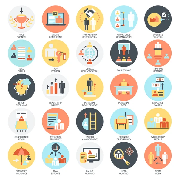 Flat conceptual icons set of corporate development, business leadership training and corporate career. Concepts for website and graphic design. Mobile and print media. Isolated on white background. — Stock Vector