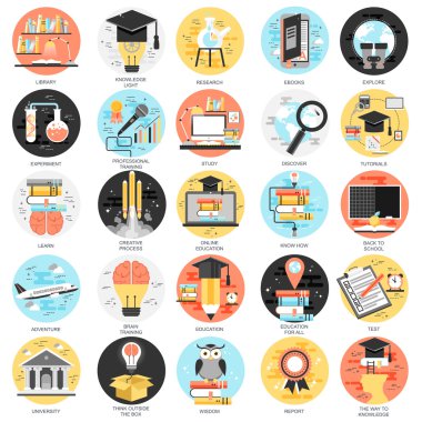 Düz kavramsal Icons set online eğitim, eğitim videoları, personel eğitimi, öğrenme, bilgi, okul, düşünmek öğrenmek için geri. Web ve grafik tasarım kavramları. Beyaz arka plan üzerinde izole.