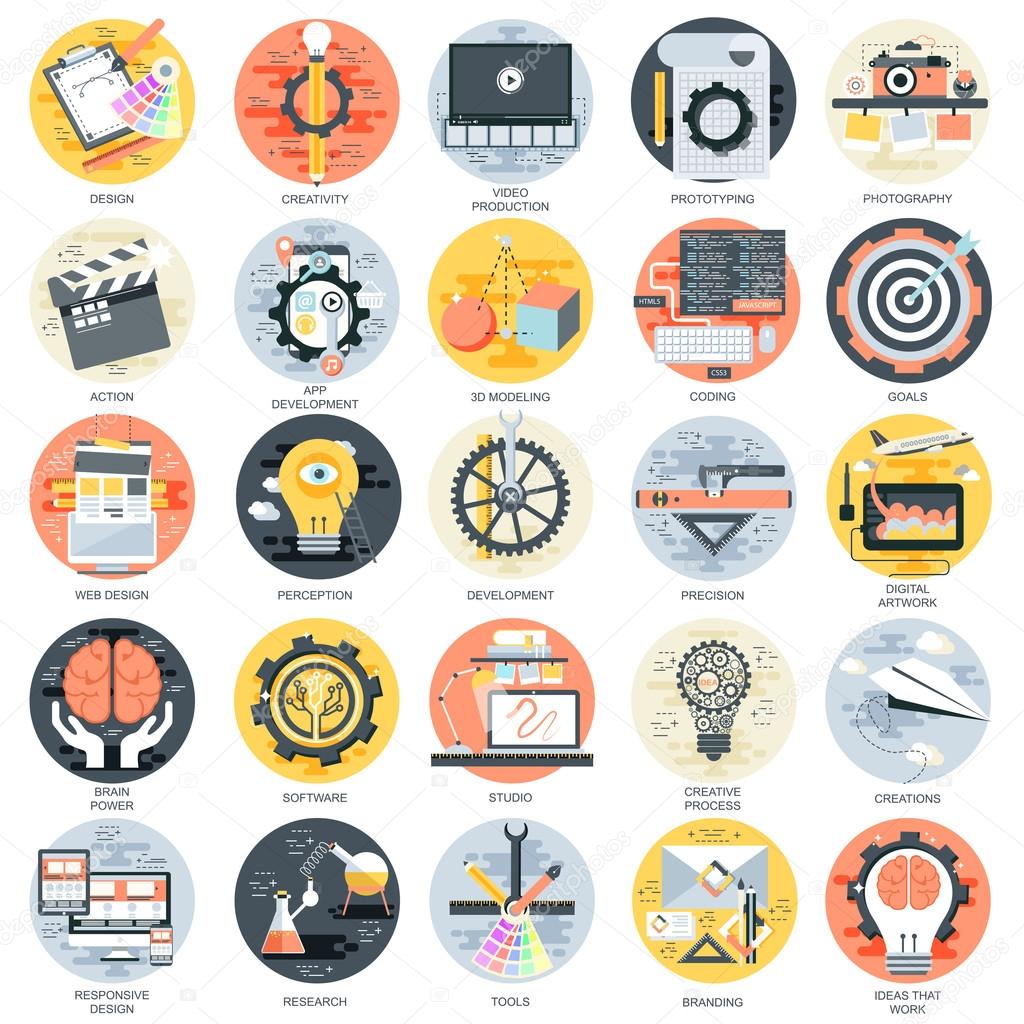 Flat conceptual icons set of creative process, design studio, app development service, 3d modeling, business company branding items and advertising elements. Isolated on white background. EPS10