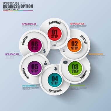 Infographic döngüsü diyagramı vektör tasarım şablonu. İş akışı düzenini, veri görselleştirme, iş kavramı ile 6 seçenekleri, parçalar, adımları veya işlemler, afiş, diyagram, grafik, web tasarım için kullanılan.