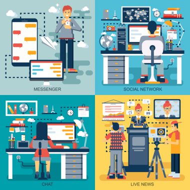 Online messenger mobil uygulama, sosyal ağ, sohbet ve blog, canlı haber düz kavramsal simgeler kümesi. Web sitesi ve grafik tasarım için kavramlar. Mobil ve basılı ortamlar.