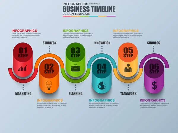 Infographic tidslinje vektor formgivningsmall. Kan användas för arbetsflöde layout, datavisualisering, affärsidé med 6 alternativ, delar, åtgärder eller processer, banner, diagram, diagram, webbdesign. — Stock vektor