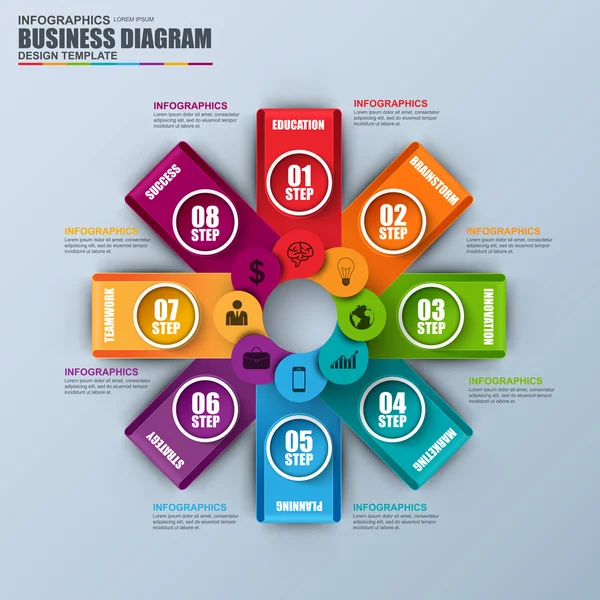 Modello di progettazione vettoriale del cerchio infografico. Può essere utilizzato per il layout del flusso di lavoro, la visualizzazione dei dati, il concetto di business con 8 opzioni, parti, passaggi o processi, banner, diagramma, grafico, web design . — Vettoriale Stock