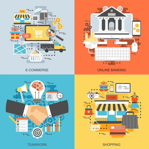 Flat fogalmi ikonok meg az e-kereskedelem, üzlet és vásárlás, online banki, csapatmunka és az üzleti folyamatokat. Koncepciók weboldal és grafikai tervezés. Mobil-és nyomathordozók. — Stock Vector