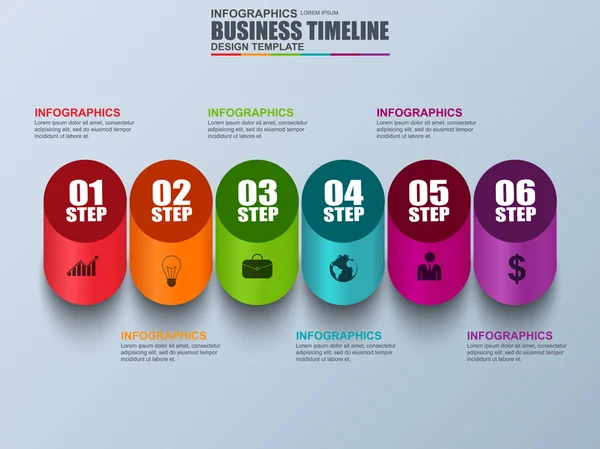 Modelo de design vetorial de linha do tempo infográfico. Pode ser usado para layout de fluxo de trabalho, visualização de dados, conceito de negócio com 6 opções, peças, etapas ou processos, banner, diagrama, gráfico, web design . —  Vetores de Stock