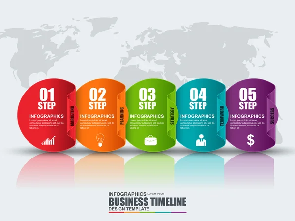 Modello di progettazione vettoriale della timeline infografica. Può essere utilizzato per il layout del flusso di lavoro, la visualizzazione dei dati, il concetto di business con 5 opzioni, parti, passaggi o processi, banner, diagramma, grafico, web design . — Vettoriale Stock