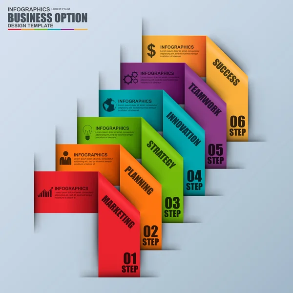 Modelo de design vetorial de etiqueta de fita infográfica. Pode ser usado para layout de fluxo de trabalho, visualização de dados, conceito de negócio com 6 opções, peças, etapas ou processos, banner, diagrama, gráfico, web design . — Vetor de Stock