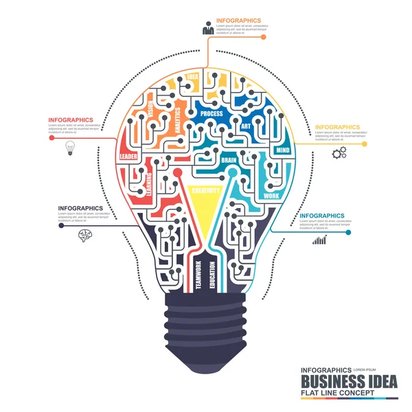 Linha fina negócio plano lâmpada infográfico elementos modelo de vetor. Pode ser usado para fluxo de trabalho, conceito de solução de negócios, processo criativo e ideia, diagrama, visualização de dados, logotipo simples . —  Vetores de Stock