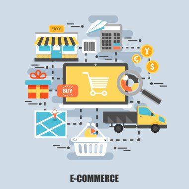 Online e-ticaret Düz kavramı. İnternet ticareti, alışveriş, mağaza, pazar, web tasarımı için kullanılabilir. Grafik tasarımcılar için en iyi çözüm. Vektör çizimi.