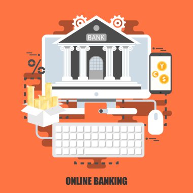 Online bankacılık Düz kavramı. İş süreci, e-ticaret, e-bankacılık, internet kaynağı, web tasarımı için kullanılabilir. Grafik tasarımcılar için en iyi çözüm. Vektör çizimi.