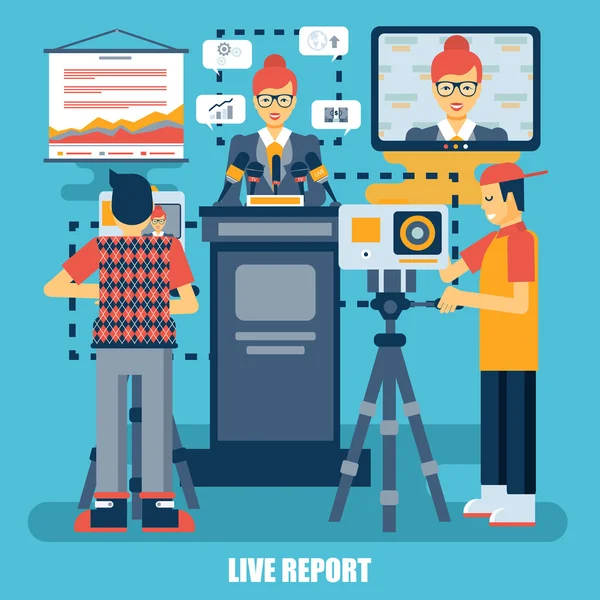 Flat concept of live report, hands of journalists with microphones and tape recorders. Best solution for graphic designers. Vector illustration. — Stock Vector