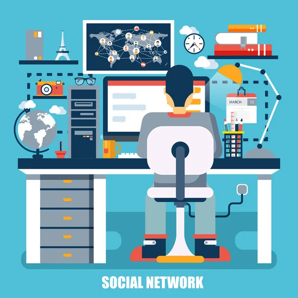 Flat concept of social network. Can bee used for poster, banner, magazine, web design. Best solution for graphic designers. Vector illustration. — Stock Vector