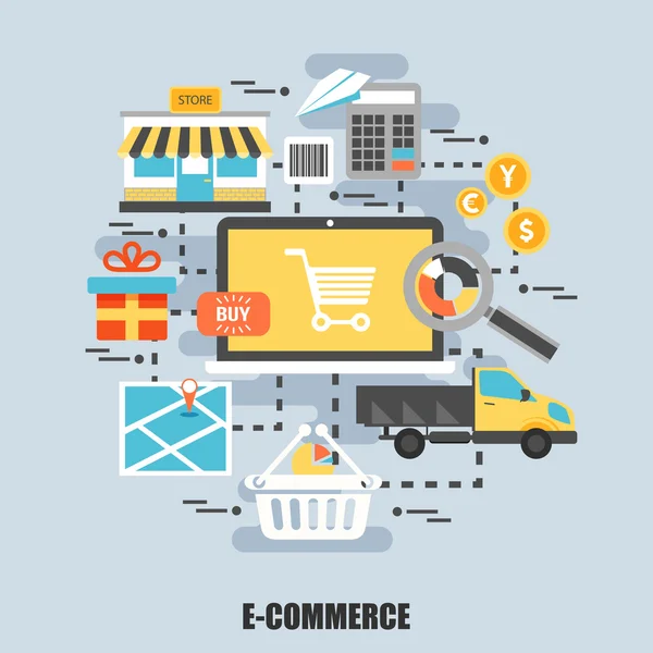 Konsep umum e-commerce online. Dapat digunakan untuk perdagangan internet, belanja, toko, pasar, desain web. Solusi terbaik untuk desainer grafis. Ilustrasi vektor . - Stok Vektor