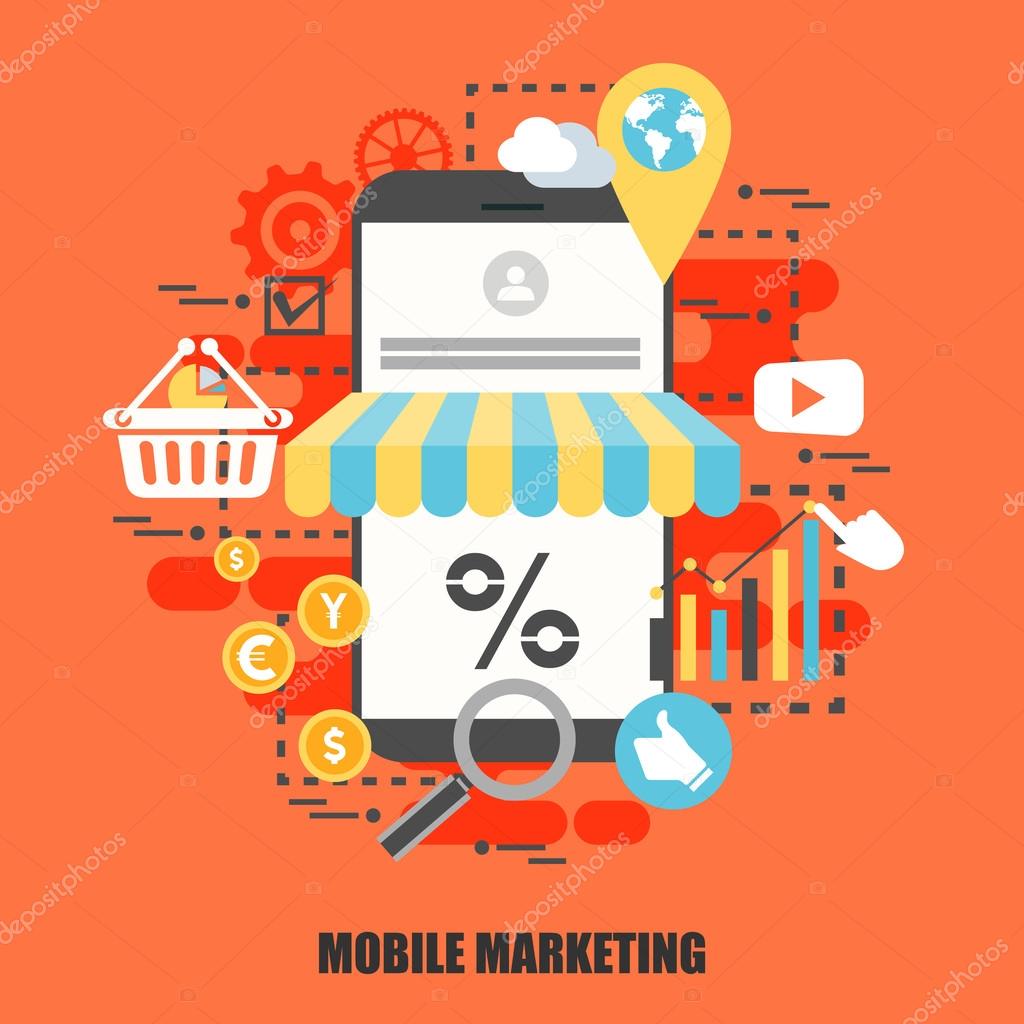 Flat concept of mobile marketing. Can be used for poster, banner, flyer, journal, magazine, web design. Best solution for graphic designers. Vector illustration.