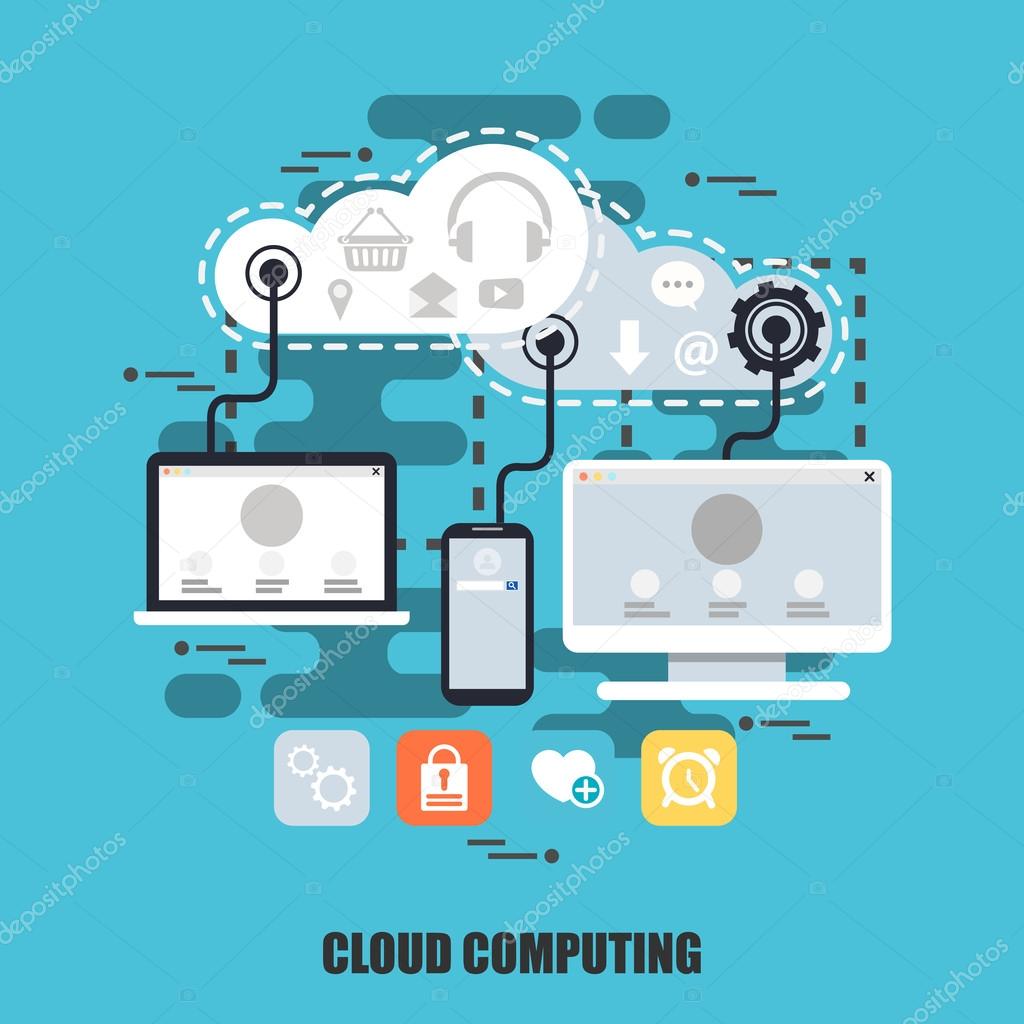Flat concept of cloud data technology services, global connection, cloud computing. Can be used for poster, banner, magazine, web design. Best solution for graphic designers. Vector illustration.