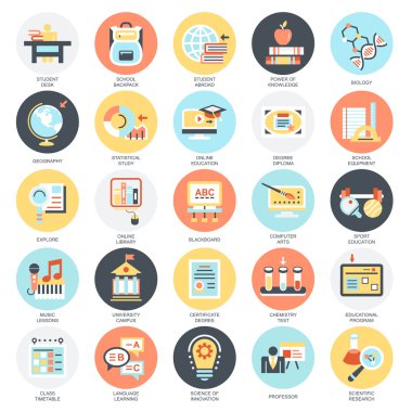 Düz kavramsal simgeler paketi mesafe eğitim öğretim okul ve çevrimiçi çalışma. Web ve grafik tasarım kavramları. Mobil ve basılı medya. Beyaz arka plan üzerinde izole.