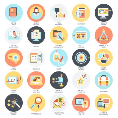 Düz kavramsal simgeler paketi iş içerik yönetimi, kullanılabilirlik düşünme. Web ve grafik tasarım kavramları. Mobil ve basılı medya. Beyaz arka plan üzerinde izole.