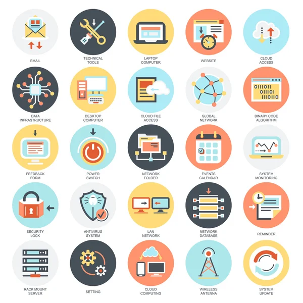 Kavramsal simgeler paketi ağ teknolojisi Hizmetleri, genel bağlantı düz, bulut bilgisayar. Web ve grafik tasarım kavramları. Mobil ve basılı medya. Beyaz arka plan üzerinde izole.