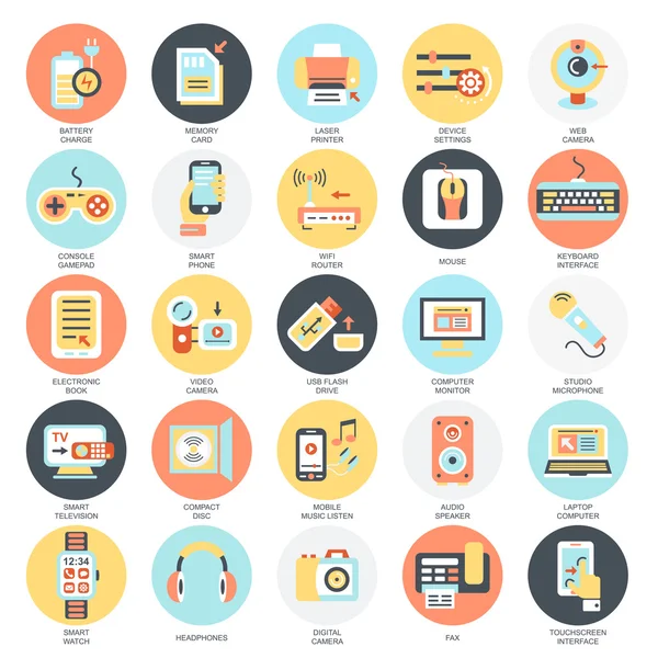 Flat conceptual icons pack of computer electronics and multimedia devices. Concepts for website and graphic design. Mobile and print media. Isolated on white background. — Stock Vector