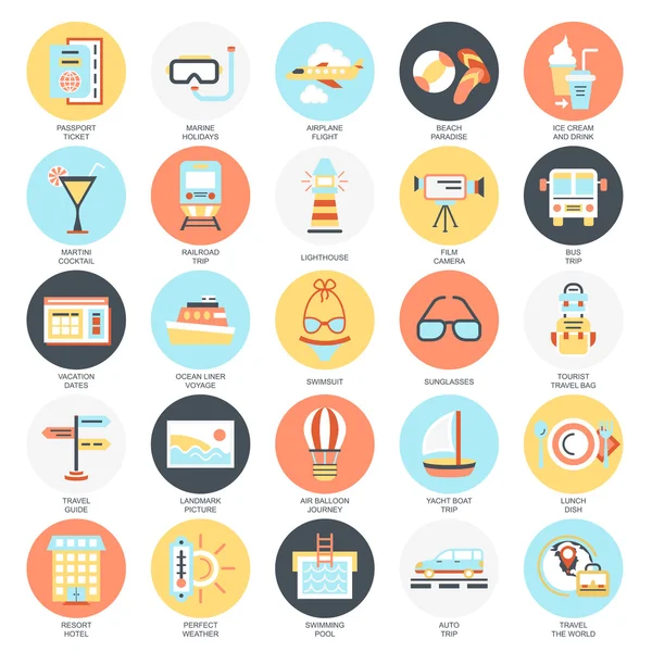 Iconos conceptuales planos paquete de recreación turística, vacaciones de viaje al hotel resort. Conceptos para web y diseño gráfico. Medios móviles e impresos. Aislado sobre fondo blanco . — Vector de stock