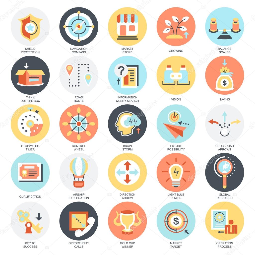 Pacote de ícones conceituais planos de vários sinais de negócios e  símbolos, elementos de metáfora. Conceitos para website e design gráfico.  Mídia móvel e impressa. Isolado sobre fundo branco . Vetor de ©, image size:1024x1024