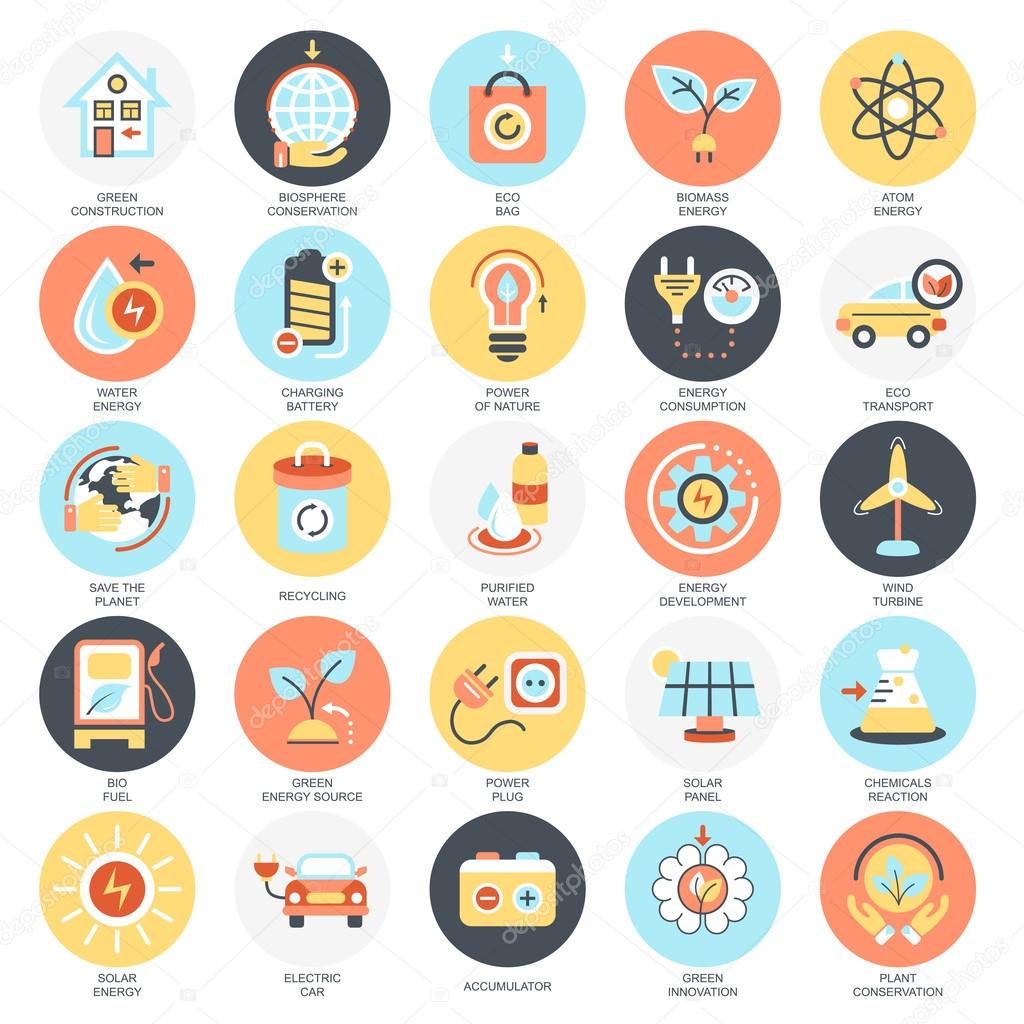Flat conceptual icons pack of ecological energy source, environmental safety, environment, renewable energy, sustainable technology, recycling, ecology solutions. Concepts for website and design.