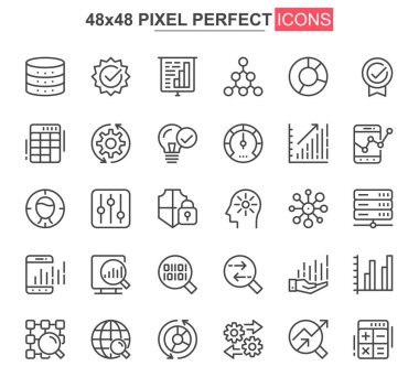 Büyük veri analizi ince çizgi simgesi seti. Web sitesi ve mobil uygulama arayüzü için veri işleme çizgisi pictogramları. Dijital analitik basit UI, UX vektör simgeleri. 48x48 piksel mükemmel resim paketi.