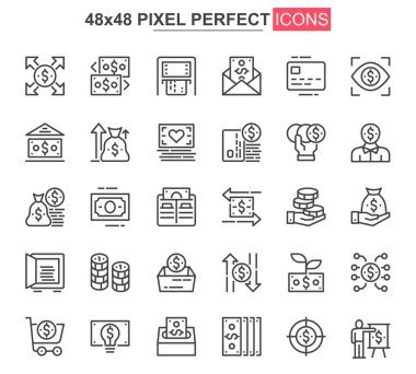 Para ince çizgi simgesi seti. Para yönetimi ve web sitesi ve mobil uygulama arayüzü için resim grafikleri kaydetmek. Sermaye yatırımı basit UI, UX vektör simgeleri. 48x48 piksel mükemmel resim paketi.
