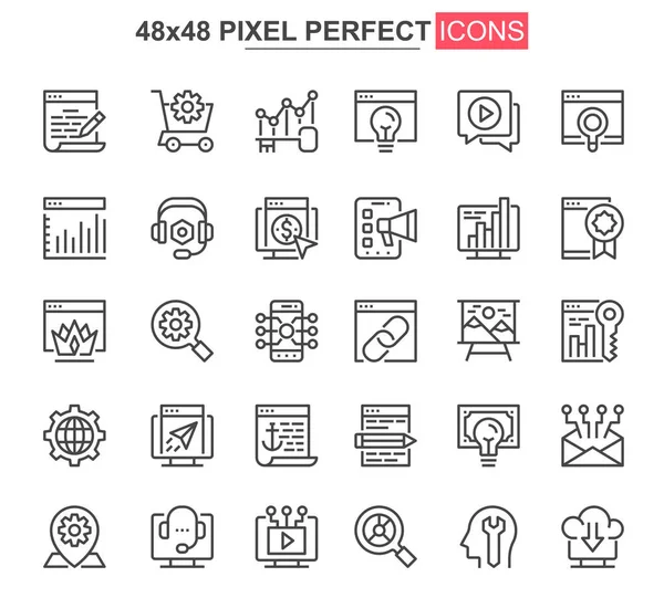 そう最適化細い線のアイコンを設定します コンテンツ分析 オンラインマーケティング ユニークなデザインアイコンの研究 検索エンジン最適化アウトラインベクトルバンドル 48X48ピクセルの完璧な線形ピクトグラムパック — ストックベクタ