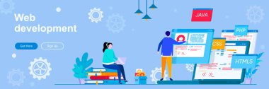 Web Geliştirme İniş Sayfası. Yazılım mühendisliği web pankartı. Tam yığın web geliştirme şirketi vektör çizimi. Düz konsept sosyal medya tanıtım materyalleri için harika.