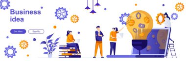 Karakterlerle dolu bir iş fikri sayfası. Başlangıç projesi web afişi kurma. Fikir üretimi ve geliştirme vektörü çizimi. Düz konsept sosyal medya tanıtım materyalleri için harika.