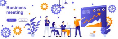 İnsanlarla iş görüşmesi sayfası. İş dünyası konferansı web pankartı. İşbirliği ve ortaklık vektör çizimi. Düz konsept sosyal medya tanıtım materyalleri için harika.