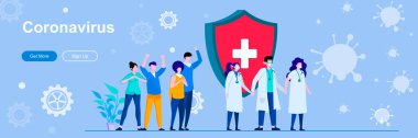 İnsan karakterli Coronavirus iniş sayfası. COVID-19 enfeksiyon önleme ve kontrol web pankartı. Coronavirus hastalığı taşıyıcı illüstrasyonu. Düz konsept sosyal medya promosyon materyali için harika