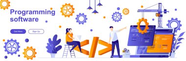 Insan karakterleriyle yazılım indirme sayfası programlanıyor. Programlar geliştirme web afişi. Yazılım mühendisliği şirketi vektör çizimi. Düz konsept sosyal medya tanıtım materyalleri için harika.