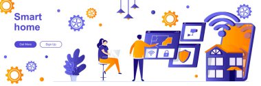 İnsanlarla dolu akıllı bir ev sayfası. Otomatik sistem mühendisliği web pankartı. Akıllı ev yönetimi çözüm vektör çizimi. Düz konsept sosyal medya tanıtım materyalleri için harika