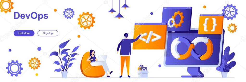 DevOps landing page with people characters. Programming and engineering service web banner. Development operations vector illustration. Flat concept great for social media promotional materials.