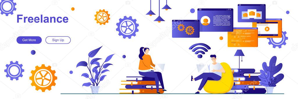 Freelance landing page with people characters. Remote workforce, outsource company web banner. Developers team working vector illustration. Flat concept great for social media promotional materials.