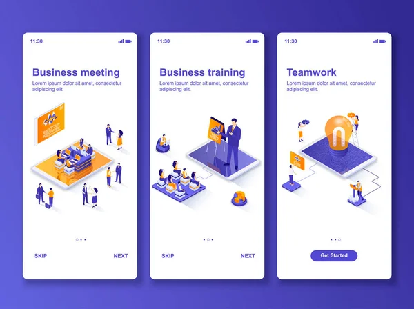 Business meeting isometric GUI design kit. Business training and workshop, teamwork cooperation templates for mobile app. UI UX onboarding screens. Vector illustration with tiny people characters.