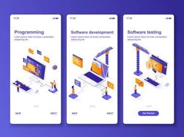 Yazılım geliştirme izometrik GUI tasarım kiti. Mobil uygulama için yazılım mühendisliği, programlama ve test şablonları. UI UX ekranlarda. Küçük insan karakterleriyle vektör illüstrasyonu.