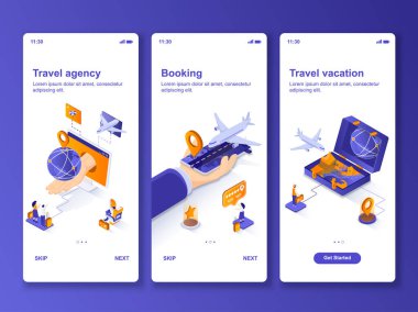 Seyahat tatili izometrik GUI tasarım kiti. Oteller ve uçak biletleri mobil uygulama için servis şablonları ayırtıyor. Seyahat acentesi UI UX ekranlarda. Küçük insan karakterleriyle vektör illüstrasyonu.