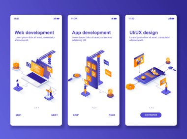 Web geliştirme izometrik GUI tasarım kiti. Uygulama geliştirme, mobil uygulama için UI UX web sitesi tasarım şablonları. Ekranlarda yazılım programlama. Küçük insan karakterleriyle vektör illüstrasyonu.