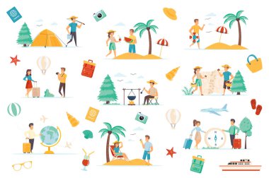 Daire şeklinde macera turizmi. Ormanda kamp, yaz tatilinde izole edilmiş kumsal seti. İnsanlar güneşleniyor, kokteyl içiyor, mantar topluyor. Gezgin turistler vektör çizimi.