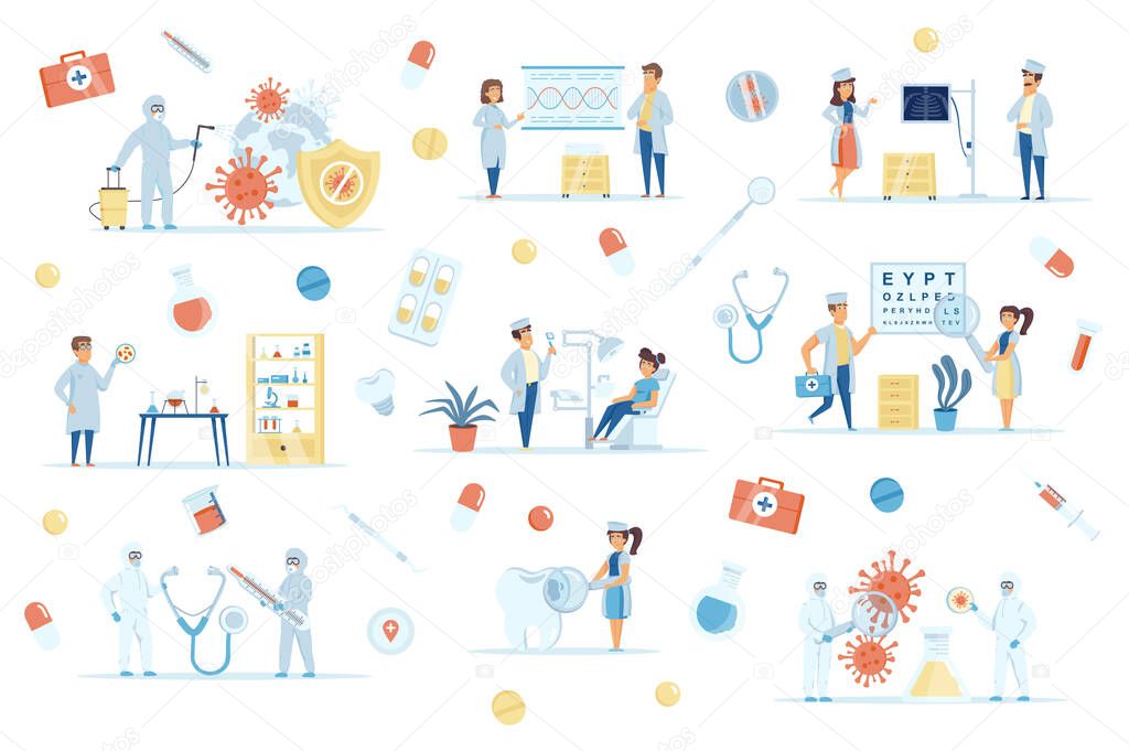 Coronavirus pandemic bundle of flat scenes. Virus research, vaccine development isolated set. Doctor and patient, laboratory, clinic elements. Prevention and disinfection cartoon vector illustration.
