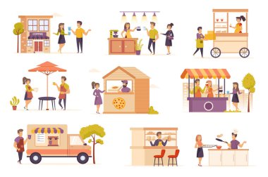 Aile işi yığınla düz sahne. Sokak kafesi, fast food restoranı, izole edilmiş set. Yemek kamyonu, menü, kahve ve pizza satışı, barista, şef unsurları. Küçük işletme çizgi film vektör illüstrasyonu.